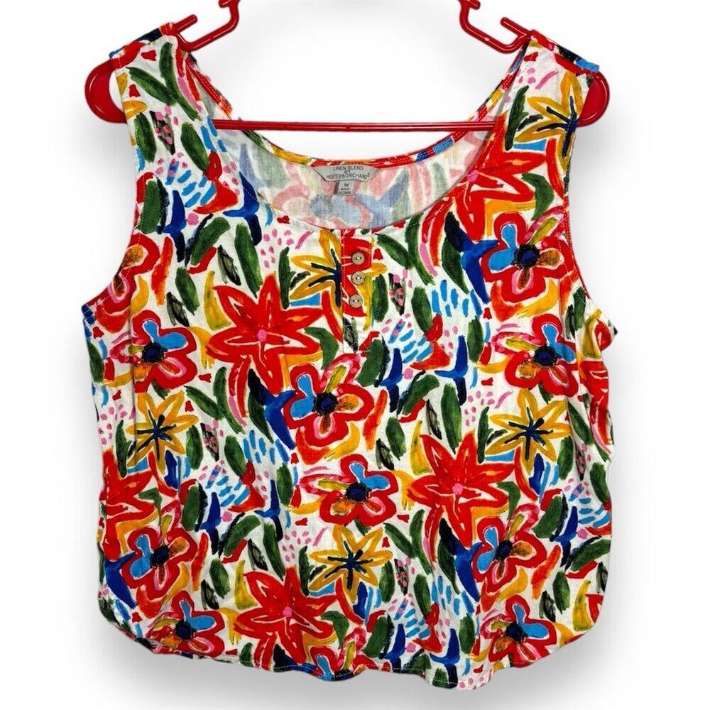 Hester & Orchard Women's Sleeveless Floral Cotton Linen Blouse Size M Multicolor